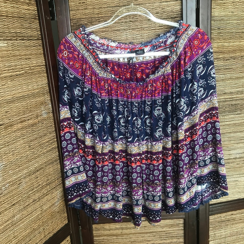 New Directions Off Shoulder Boho Pompom Top